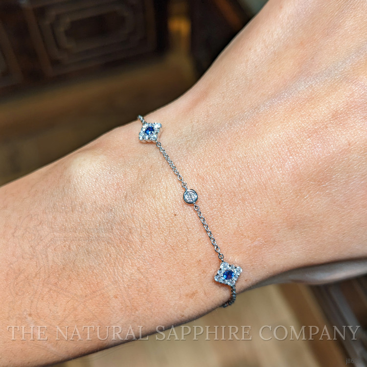 0.18 Ct.Tw. Blue Sapphire and Natural Diamond Halo Bracelet, 14K White Gold