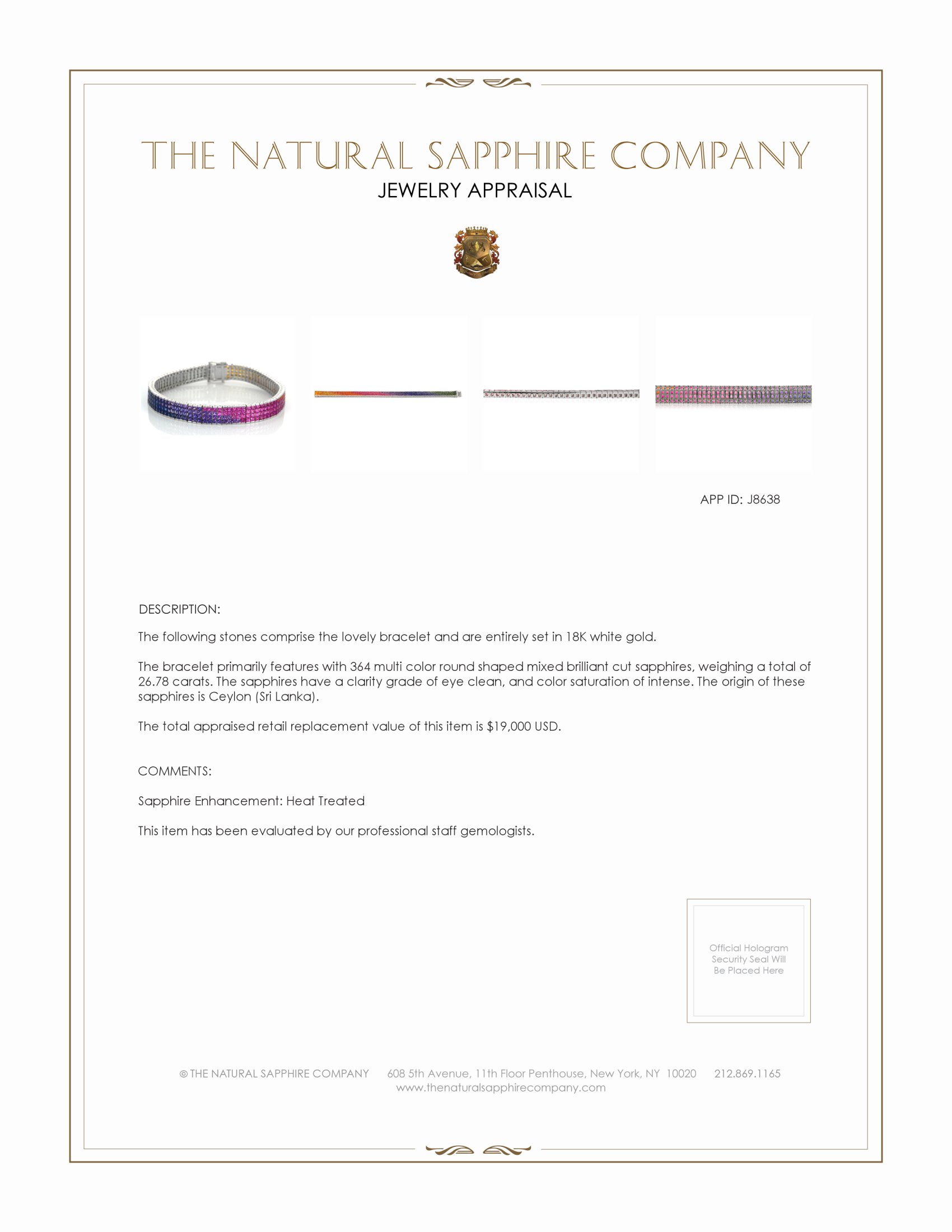 26.78 Ct.Tw. Multi Color Sapphire Tennis/Riviere Bracelet, 18K White Gold