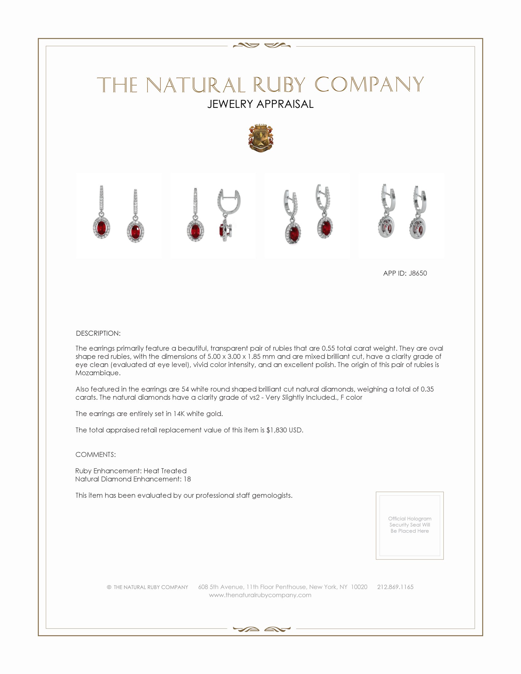 0.55 Ct.Tw. Ruby and Natural Diamond Pave Earrings, 14K White Gold