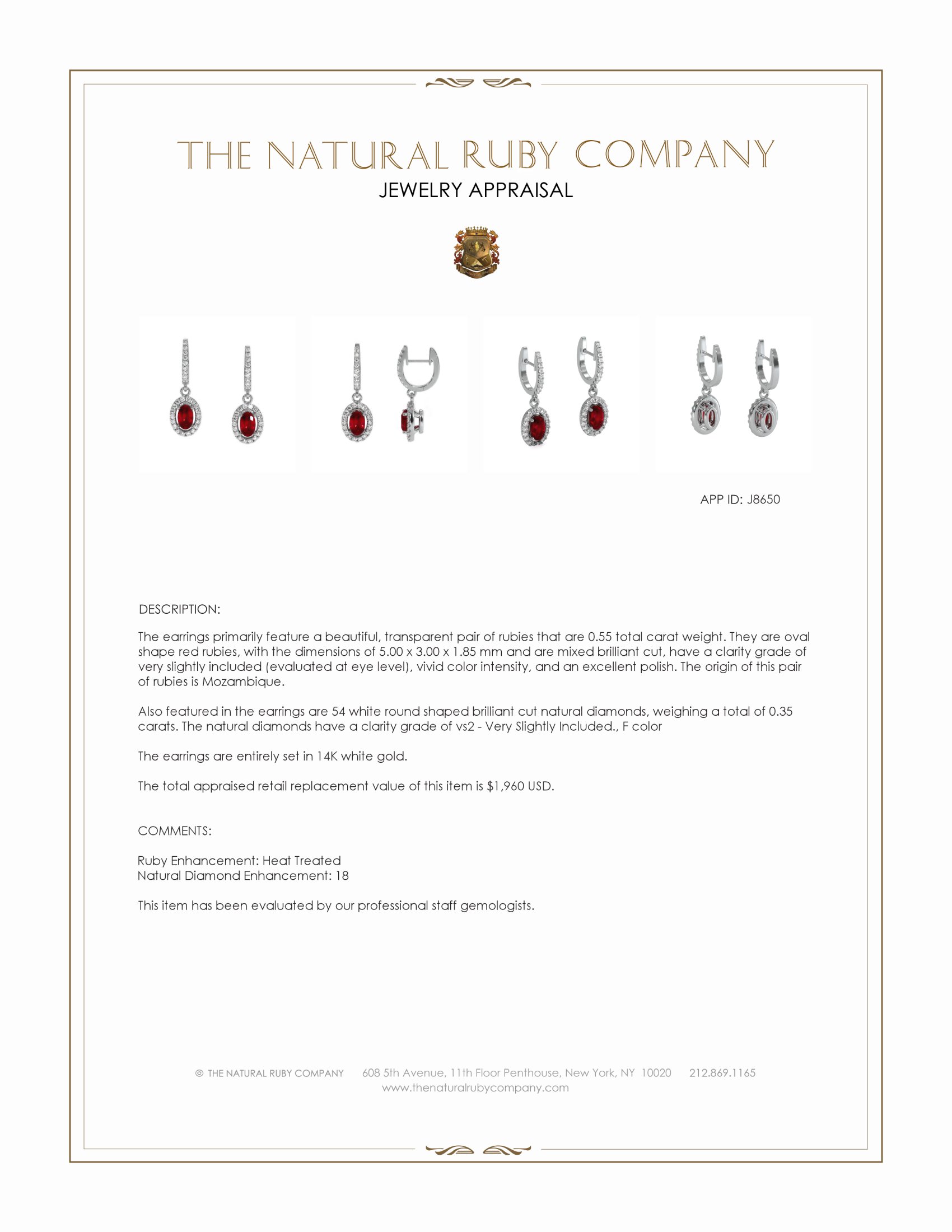 0.55 Ct.Tw. Ruby and Natural Diamond Pave Earrings, 14K White Gold