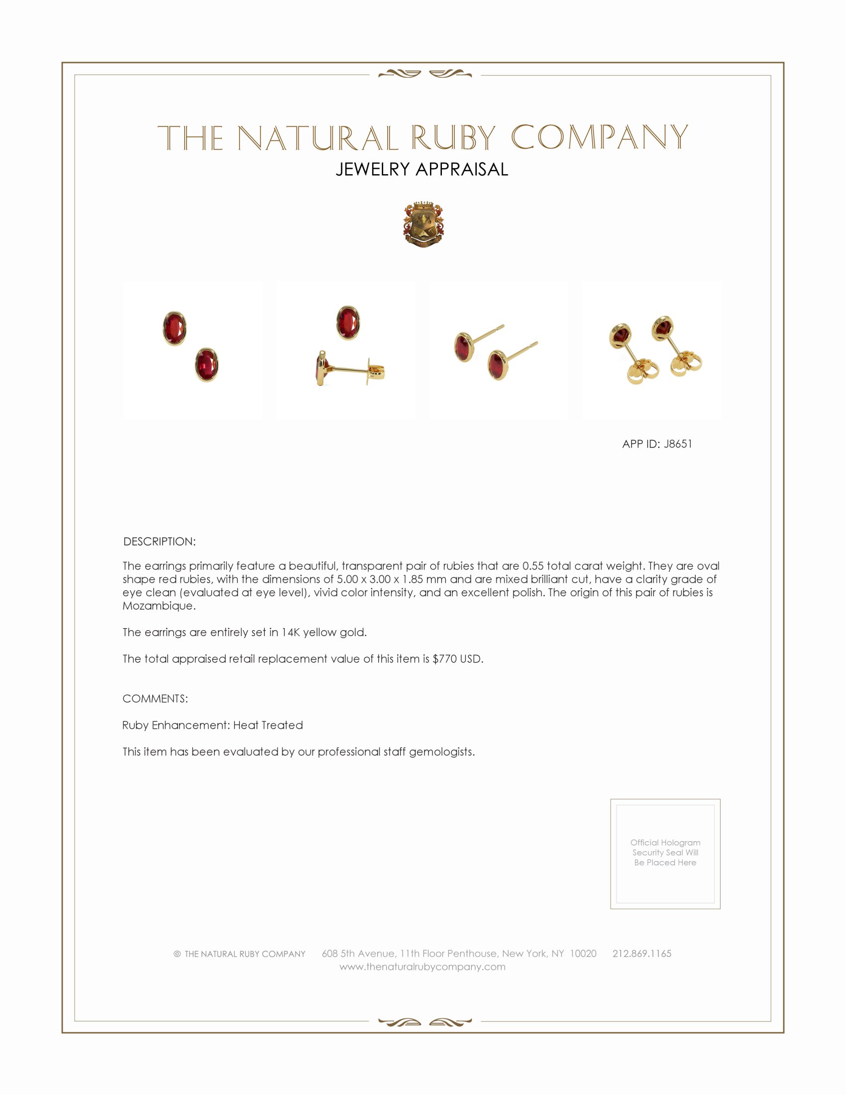 0.55 Ct.Tw. Ruby Studs Earrings, 14K Yellow Gold