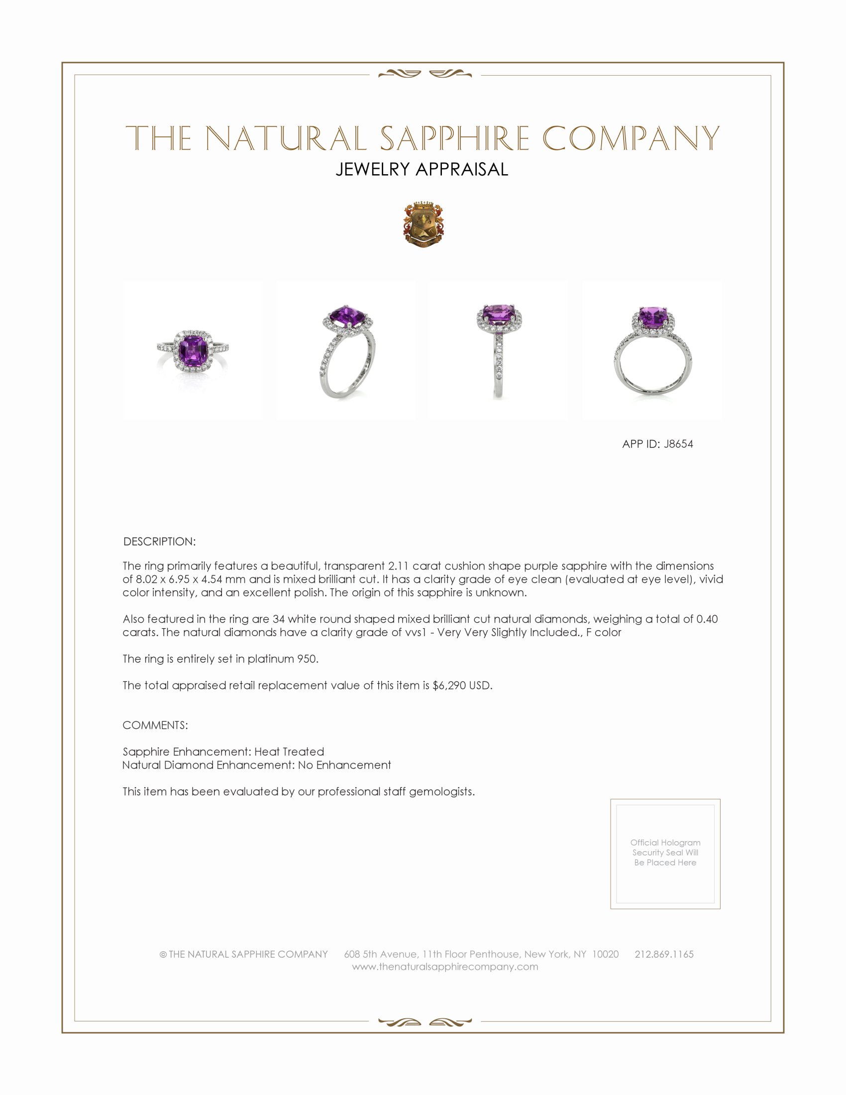 2.11 Ct. Purple Sapphire and Natural Diamond Pave Ring, Platinum 950