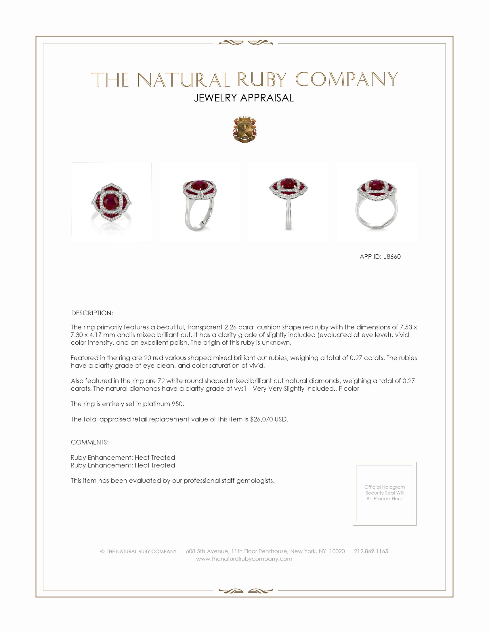 2.26 Ct. Ruby and Natural Diamond Halo Ring, Platinum 950