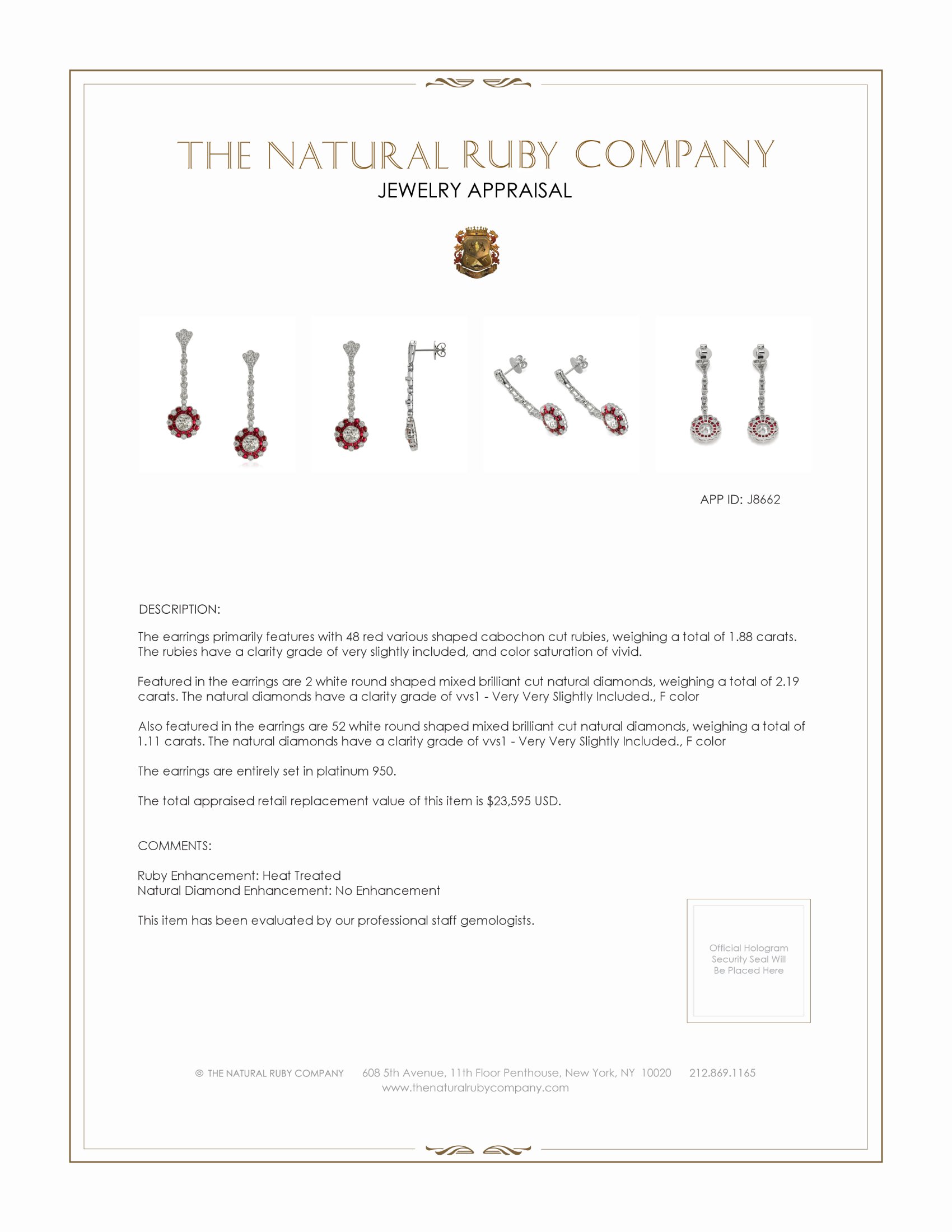 1.88 Ct.Tw. Ruby Natural Diamond Accent Stones Earrings, Platinum 950