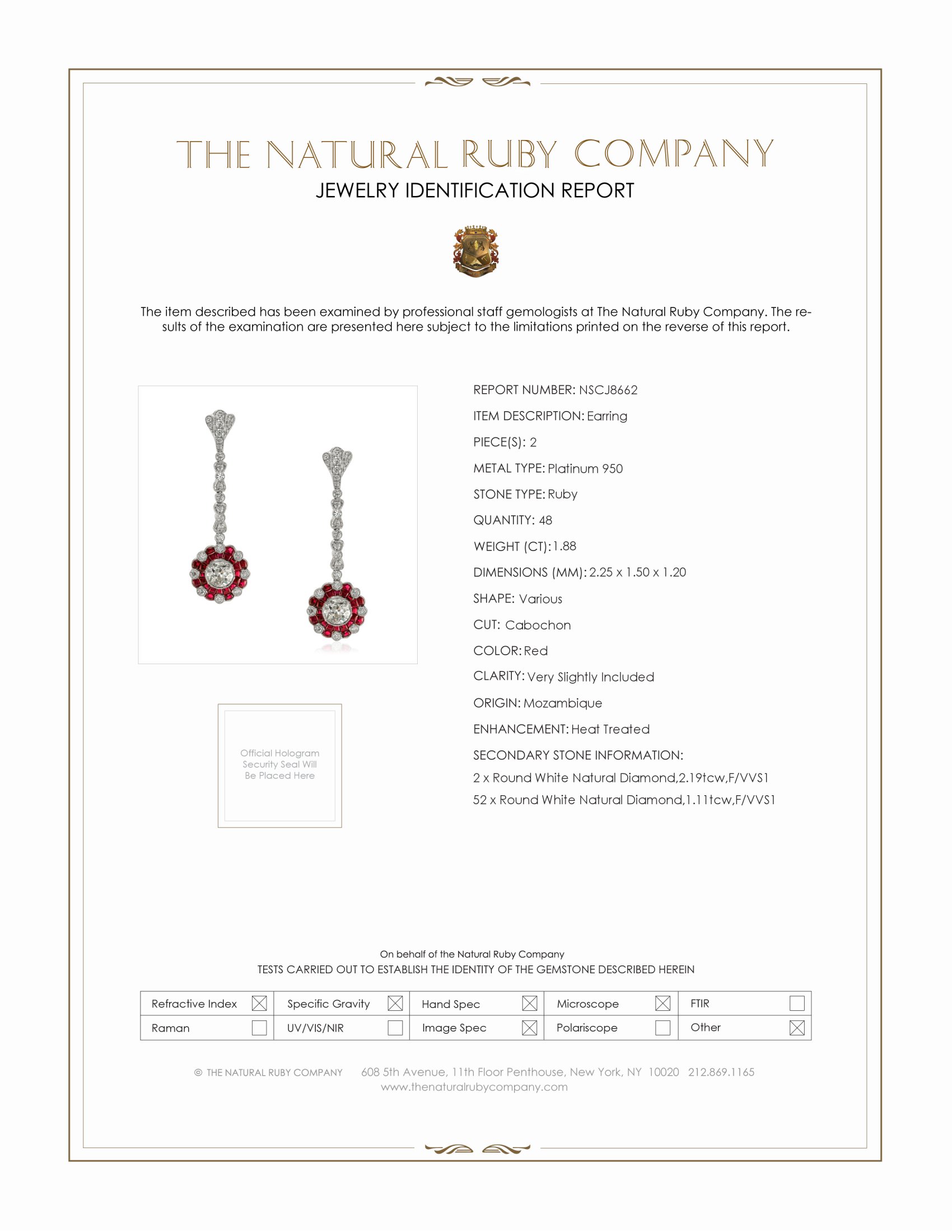 1.88 Ct.Tw. Ruby and Natural Diamond Accent Stones Earrings, Platinum 950