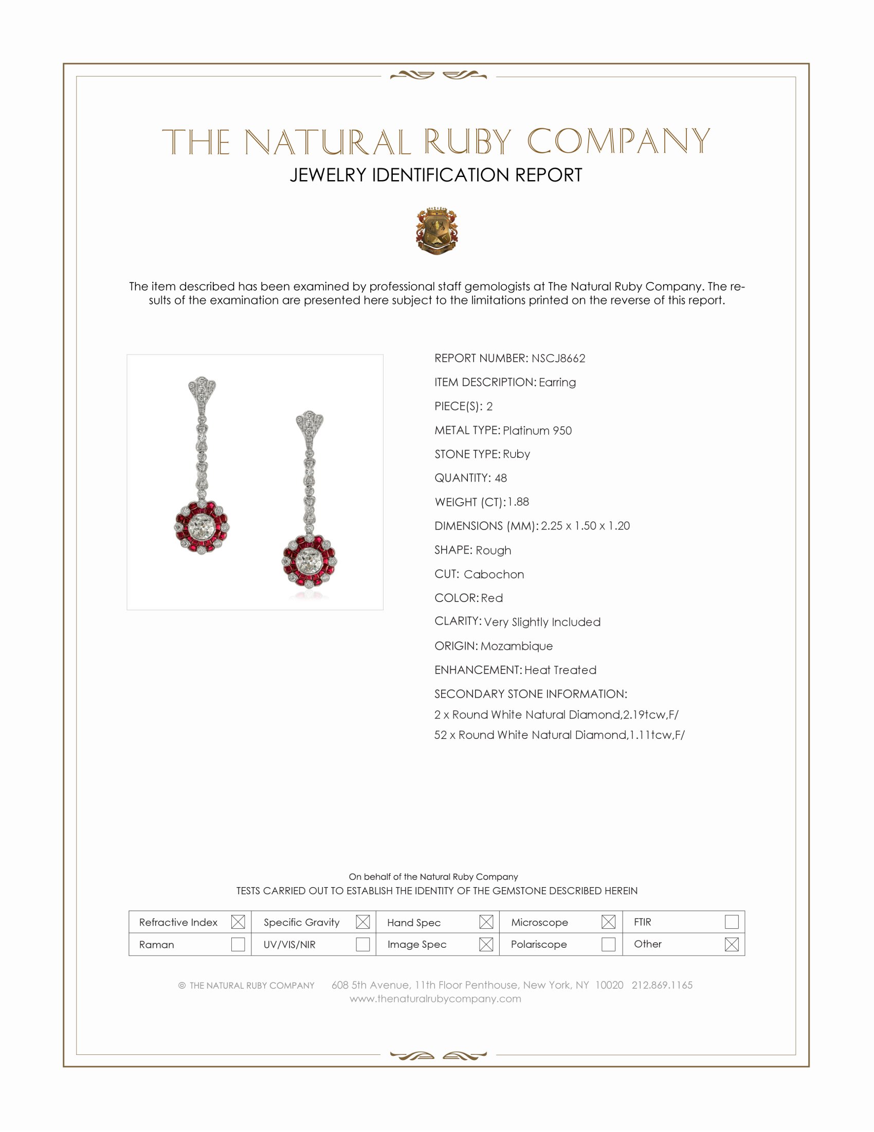 1.88 Ct.Tw. Ruby and Natural Diamond Accent Stones Earrings, Platinum 950