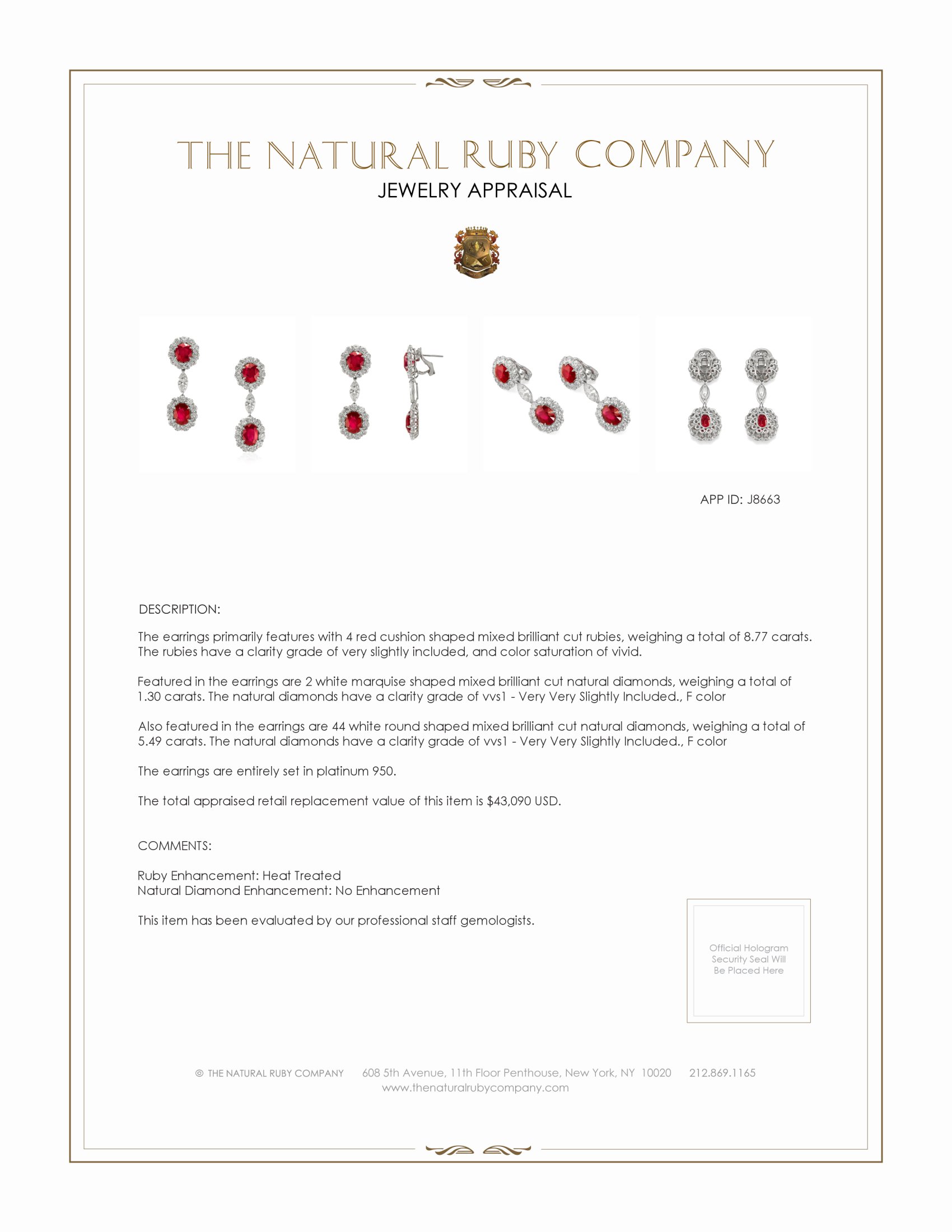 8.77 Ct.Tw. Ruby and Natural Diamond Accent Stones Earrings, Platinum 950