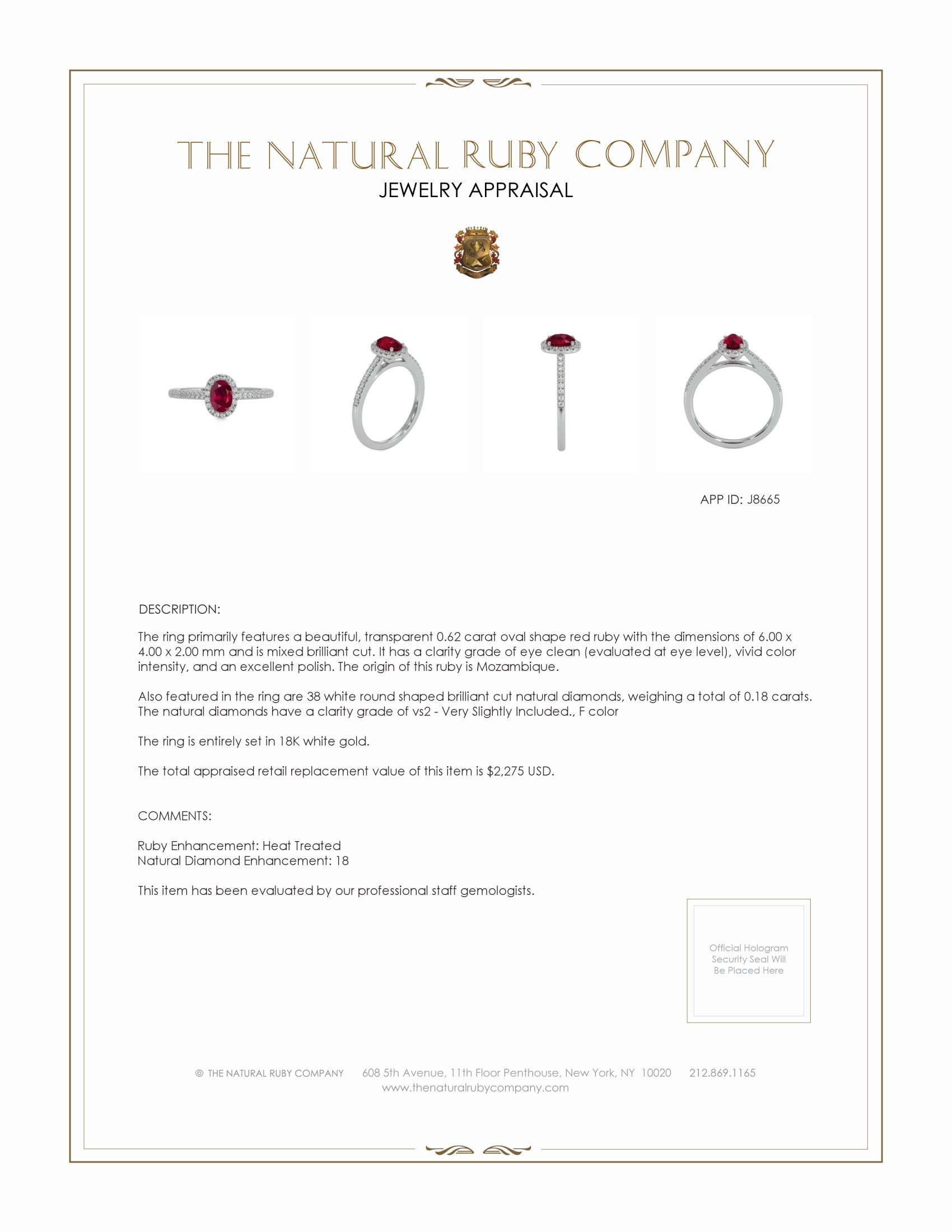 0.62 Ct. Ruby Natural Diamond Pave Ring, 18K White Gold