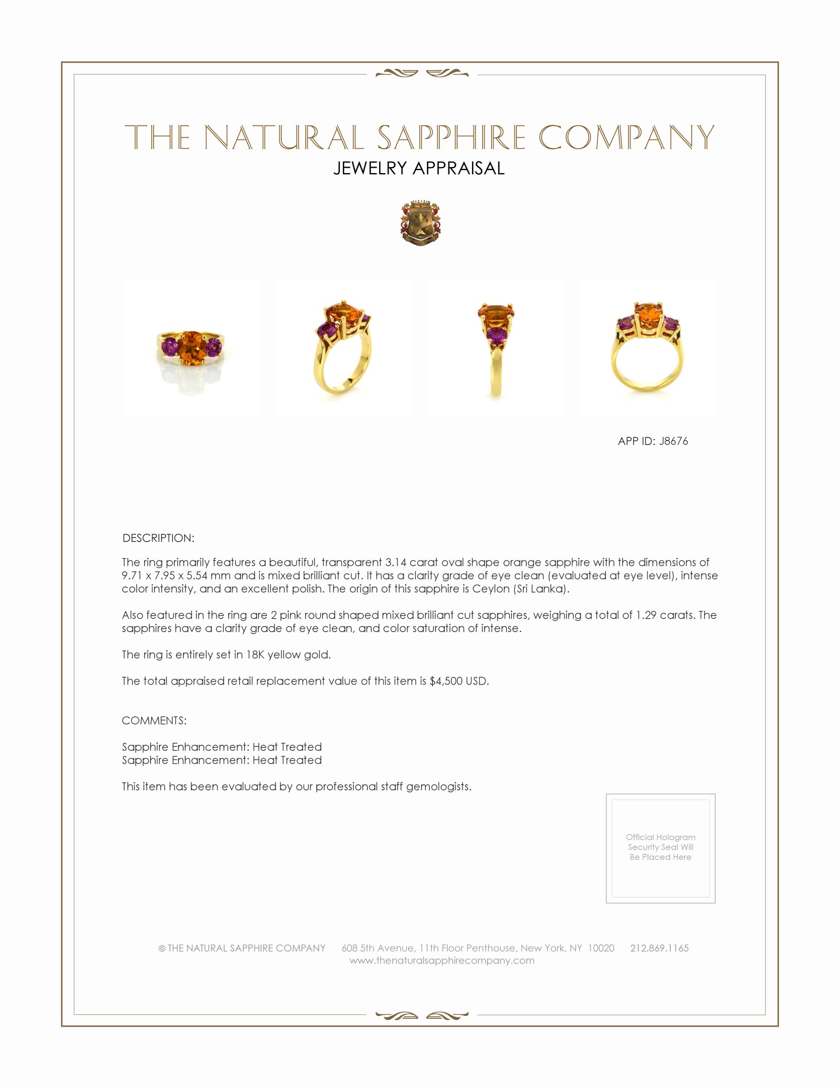 3.14 Ct. Orange Sapphire and Pink Sapphire Three Stone Ring, 18K Yellow Gold