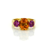 3.14 Ct. Orange Sapphire and Pink Sapphire Three Stone Ring, 18K Yellow Gold Video
