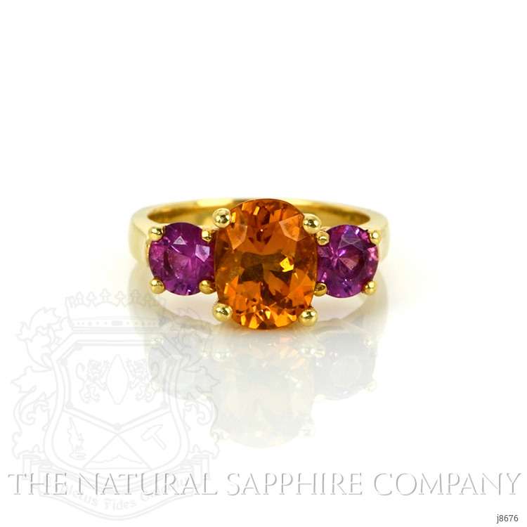 3.14 Ct. Orange Sapphire and Pink Sapphire Three Stone Ring, 18K Yellow Gold