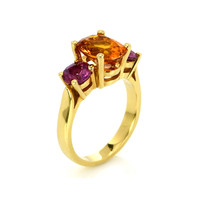 3.14 Ct. Orange Sapphire and Pink Sapphire Three Stone Ring, 18K Yellow Gold Image