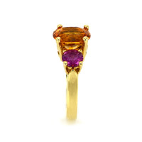 3.14 Ct. Orange Sapphire and Pink Sapphire Three Stone Ring, 18K Yellow Gold Image