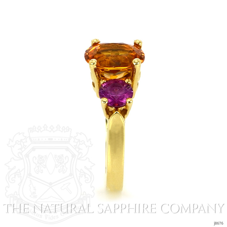 3.14 Ct. Orange Sapphire and Pink Sapphire Three Stone Ring, 18K Yellow Gold