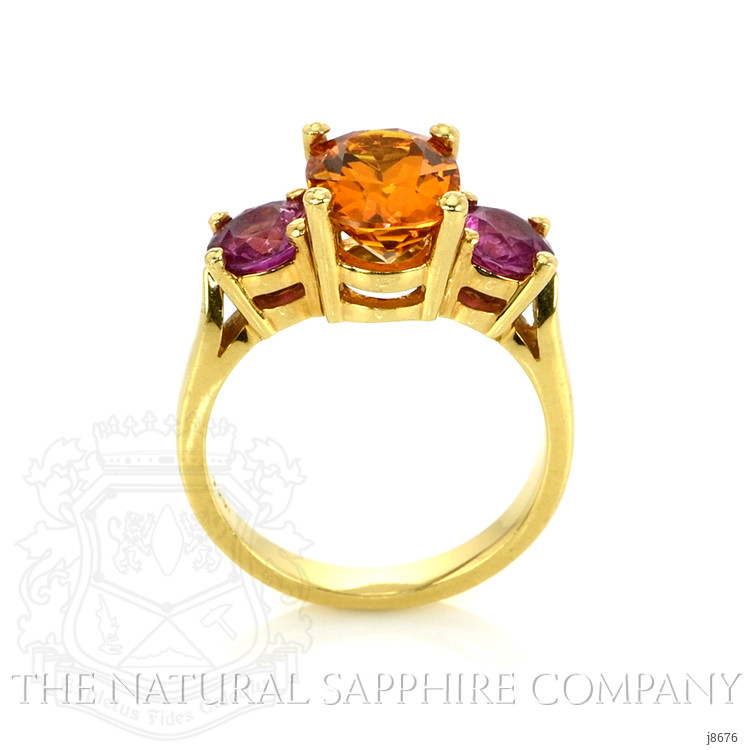 3.14 Ct. Orange Sapphire and Pink Sapphire Three Stone Ring, 18K Yellow Gold