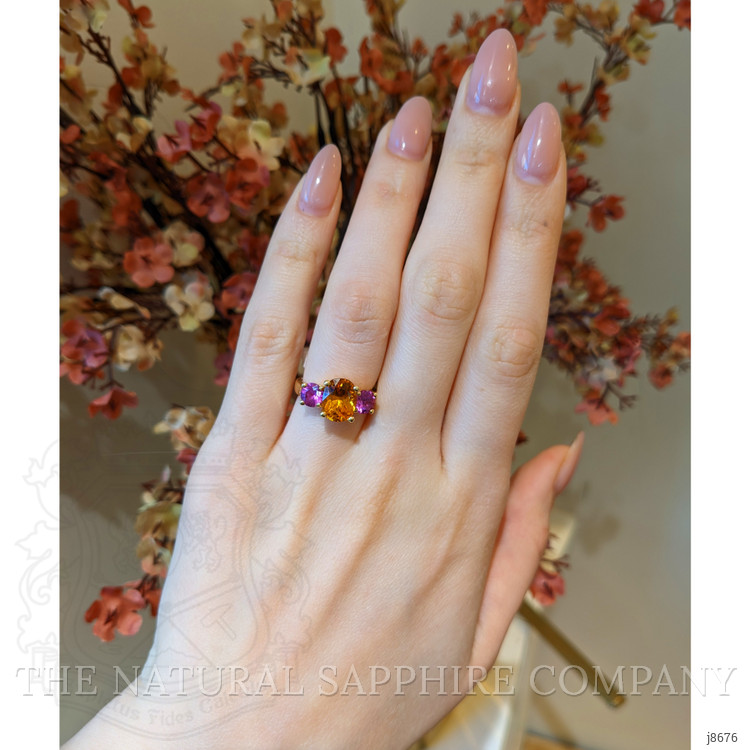 3.14 Ct. Orange Sapphire and Pink Sapphire Three Stone Ring, 18K Yellow Gold