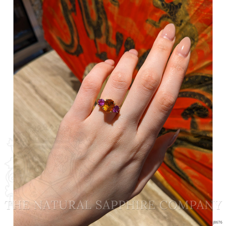 3.14 Ct. Orange Sapphire and Pink Sapphire Three Stone Ring, 18K Yellow Gold