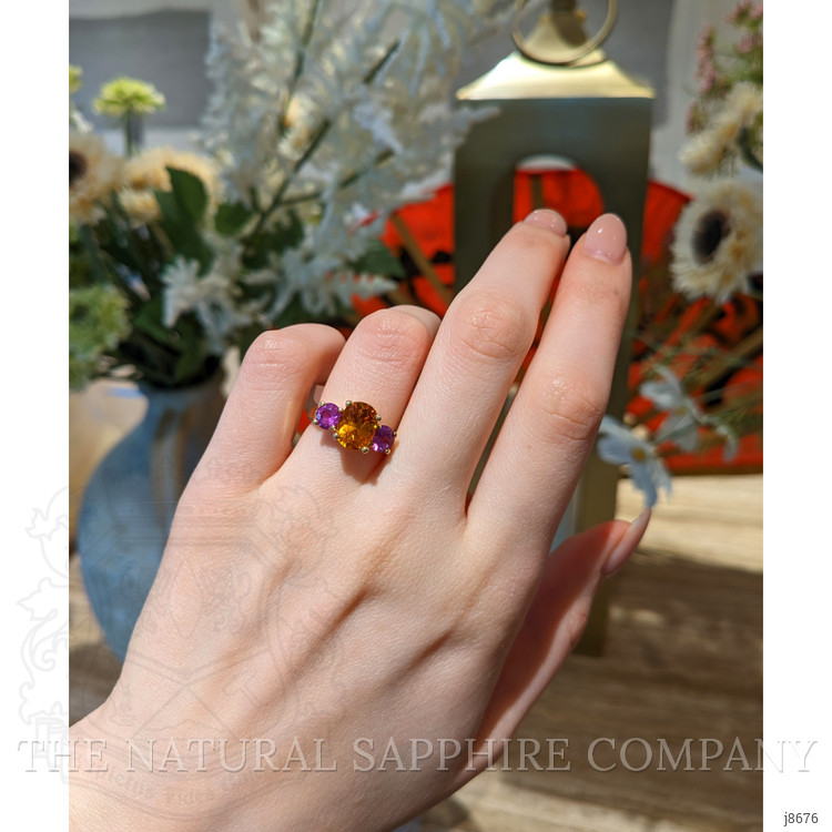 3.14 Ct. Orange Sapphire and Pink Sapphire Three Stone Ring, 18K Yellow Gold