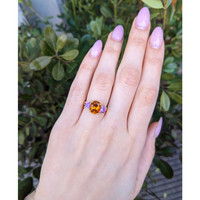 3.14 Ct. Orange Sapphire and Pink Sapphire Three Stone Ring, 18K Yellow Gold Life Style