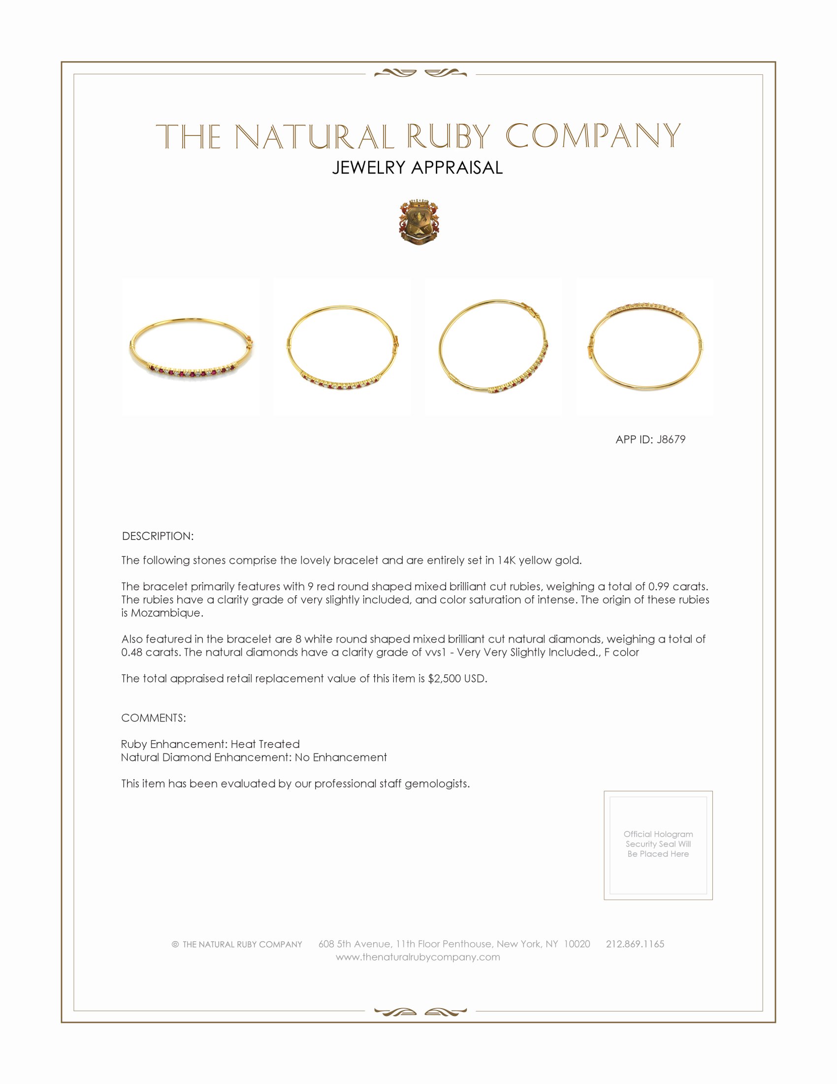 0.99 Ct.Tw. Ruby Natural Diamond Solitaire Bracelet, 14K Yellow Gold
