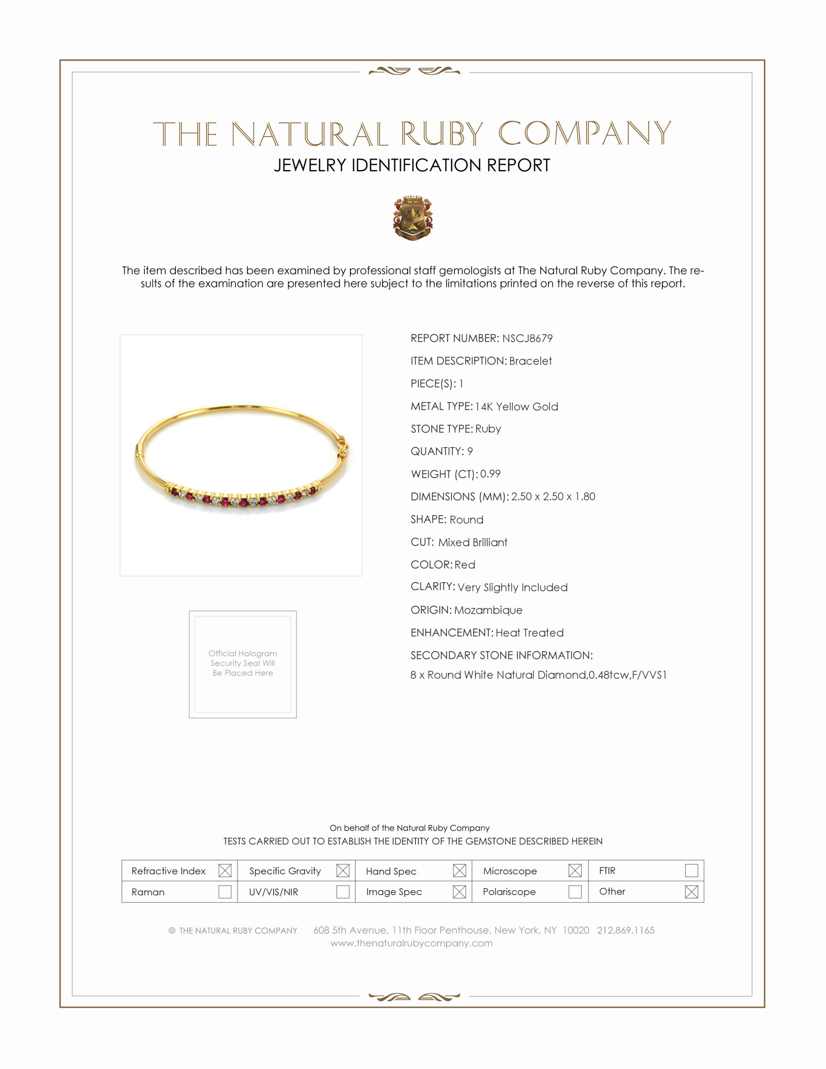 0.99 Ct.Tw. Ruby Natural Diamond Solitaire Bracelet, 14K Yellow Gold