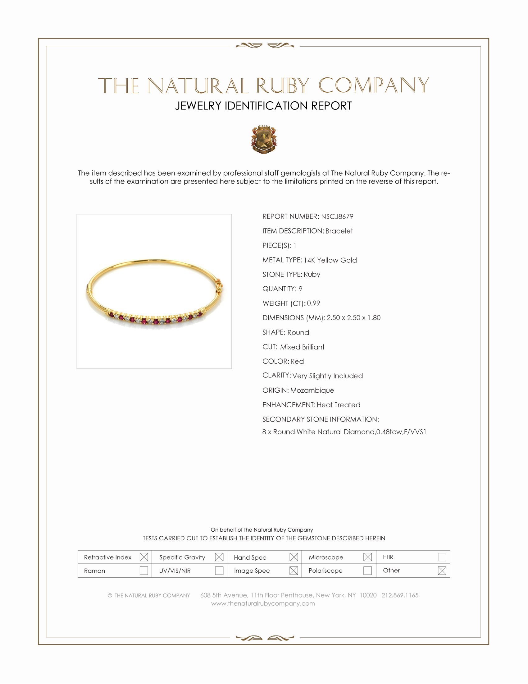 0.99 Ct.Tw. Ruby Natural Diamond Solitaire Bracelet, 14K Yellow Gold