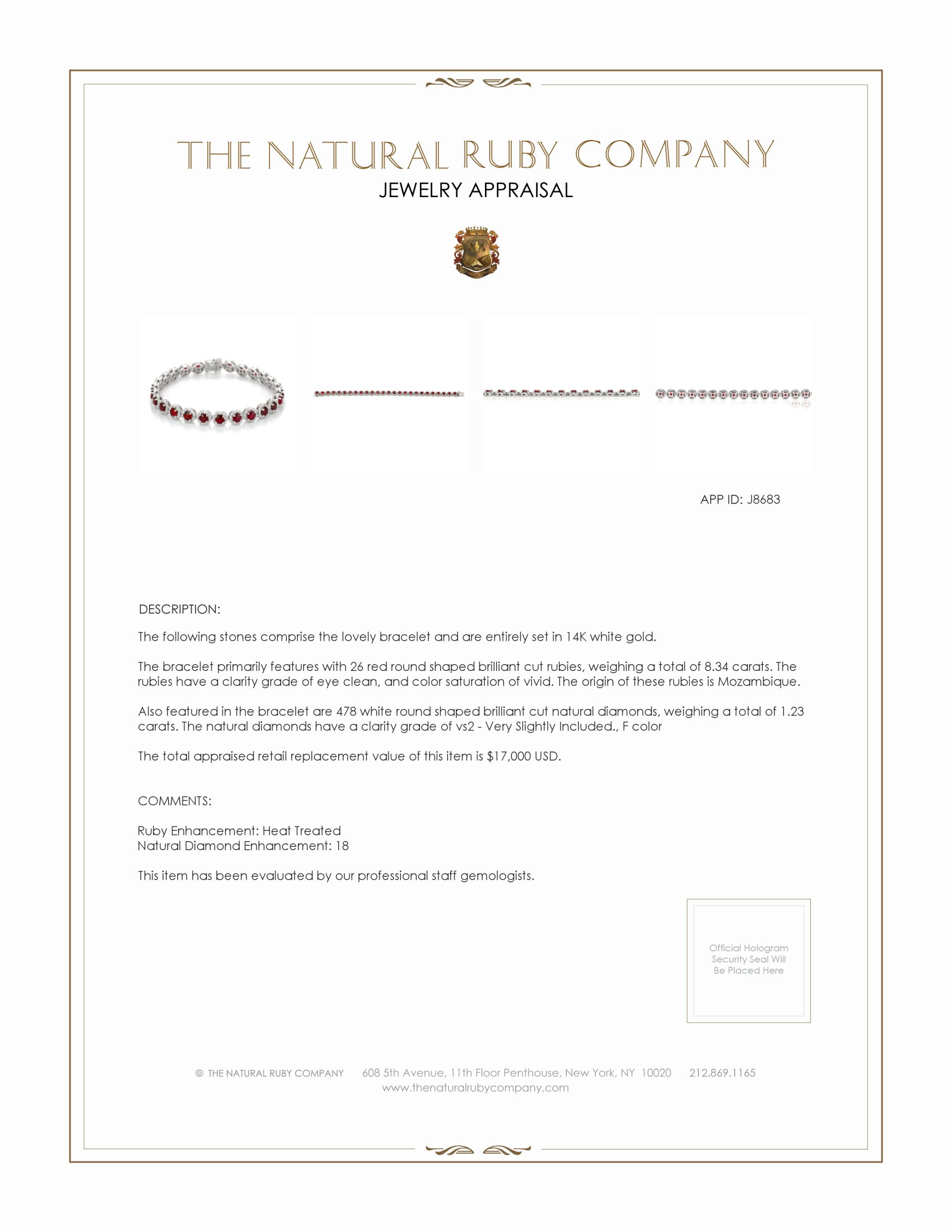 8.34 Ct.Tw. Ruby Natural Diamond Pave Bracelet, 14K White Gold