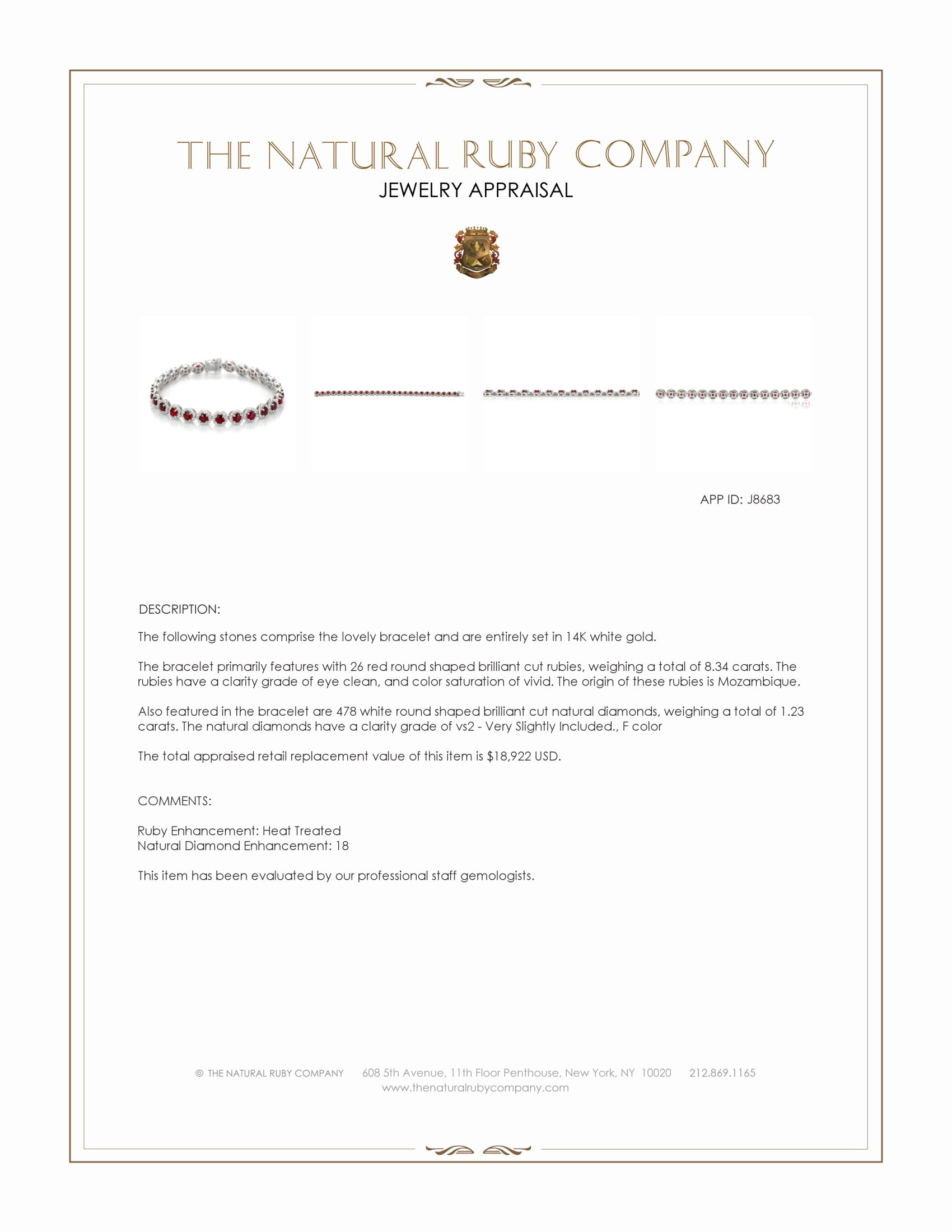 8.34 Ct.Tw. Ruby and Natural Diamond Pave Bracelet, 14K White Gold