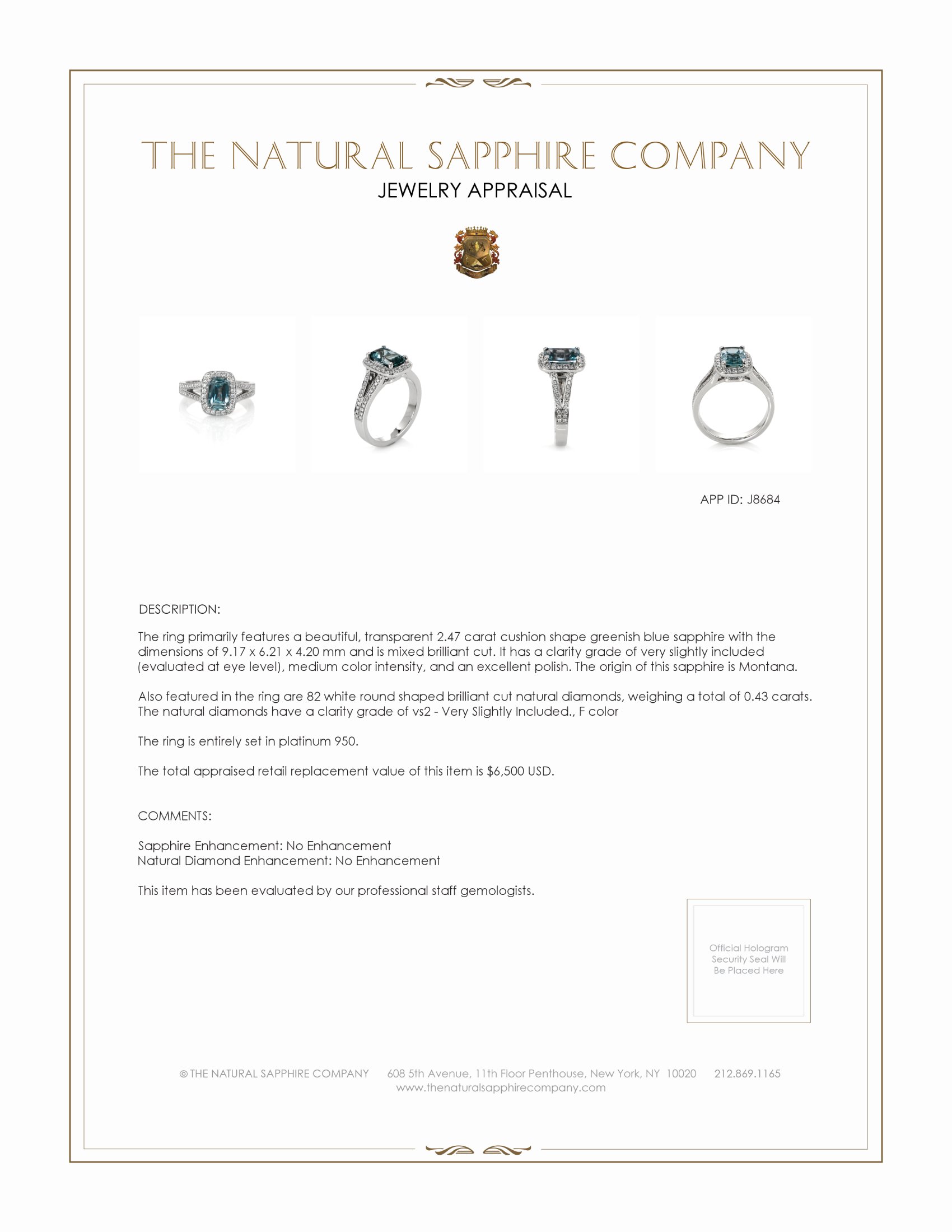 2.47 Ct. Greenish Blue Sapphire and Natural Diamond Pave Ring, Platinum 950