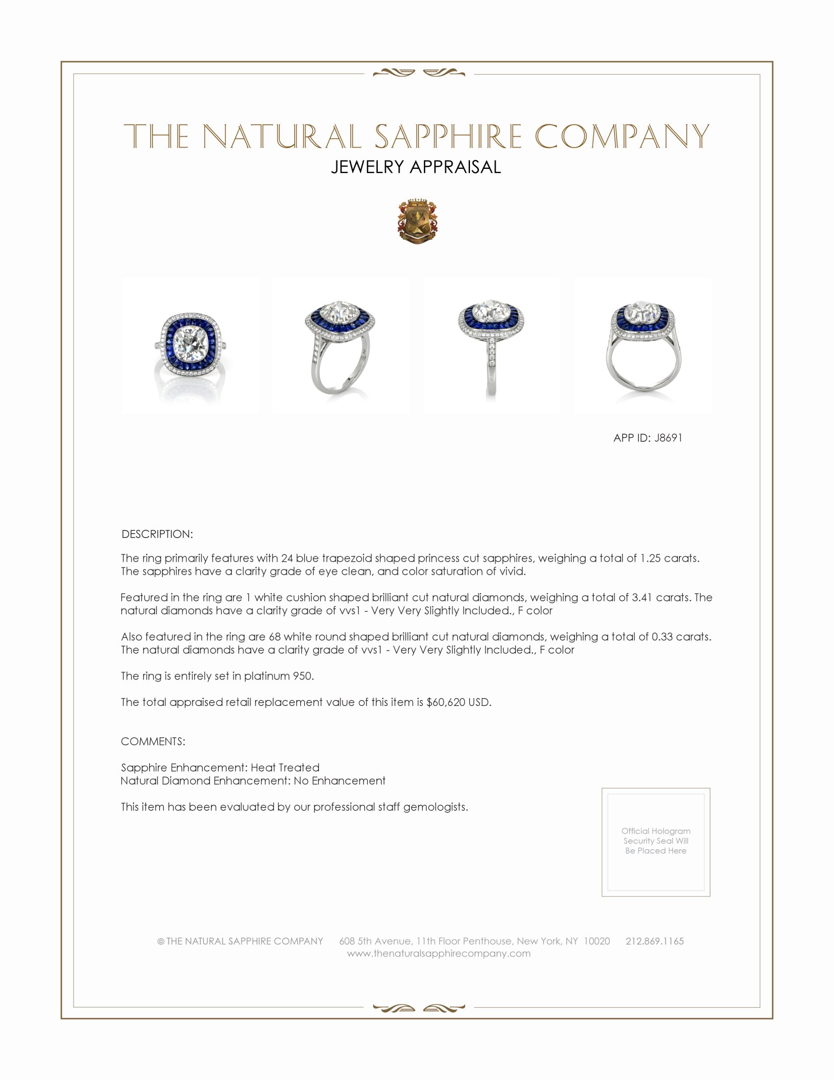 1.25 Ct. Blue Sapphire and Natural Diamond Halo Ring, Platinum 950