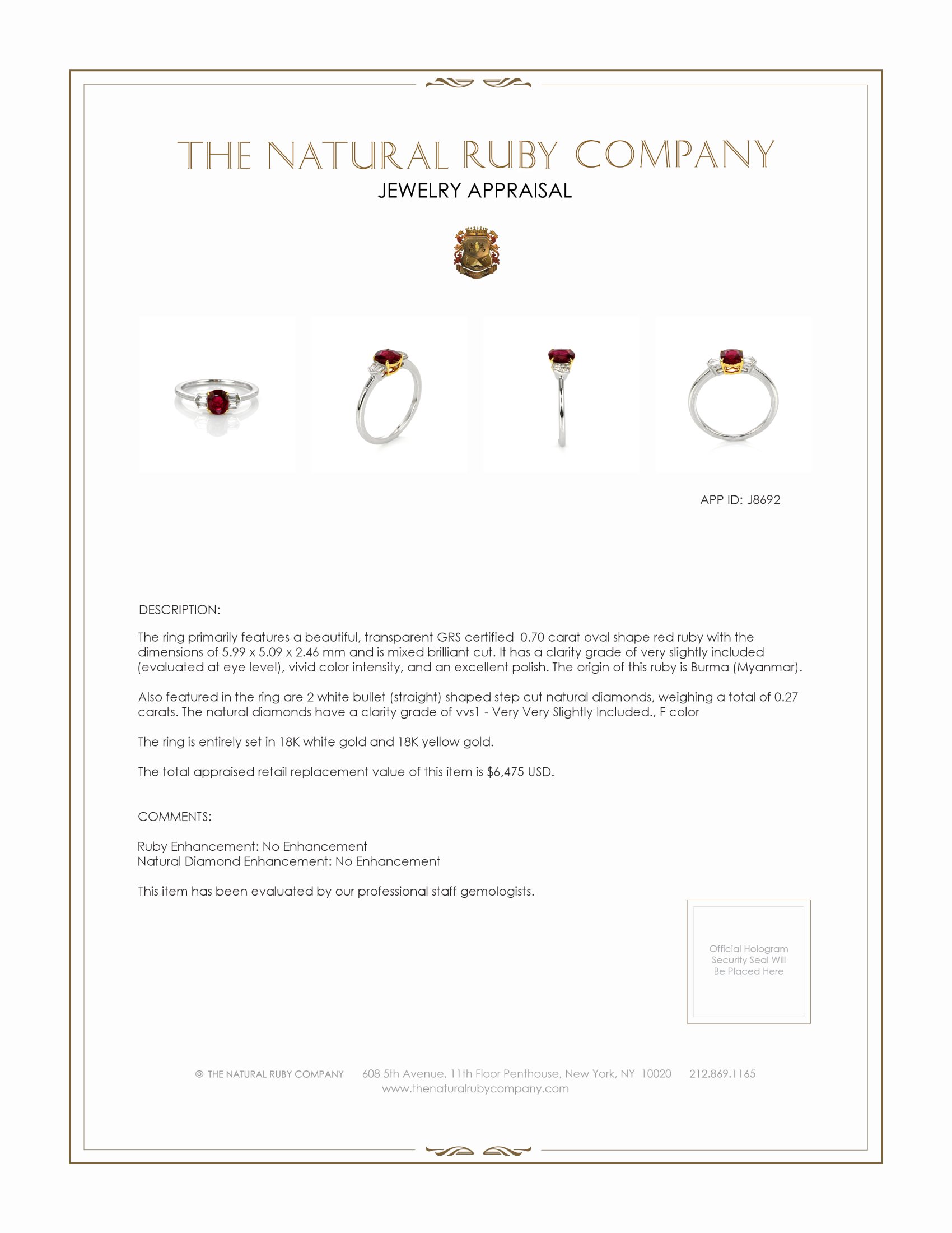 0.70 Ct. Ruby and Natural Diamond Three Stone Ring, 18K White & Yellow