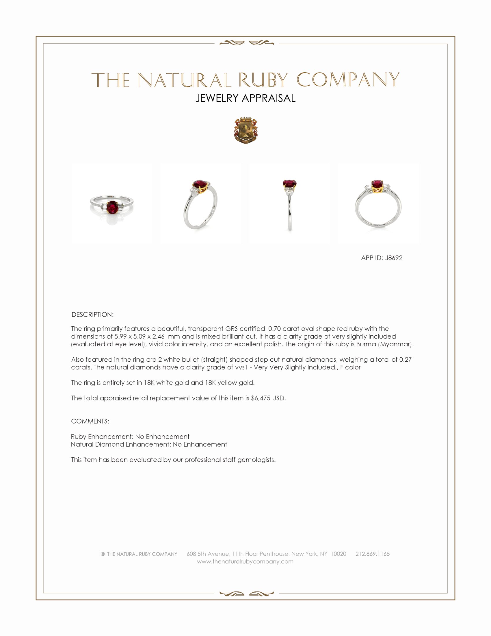 0.70 Ct. Ruby and Natural Diamond Three Stone Ring, 18K White & Yellow