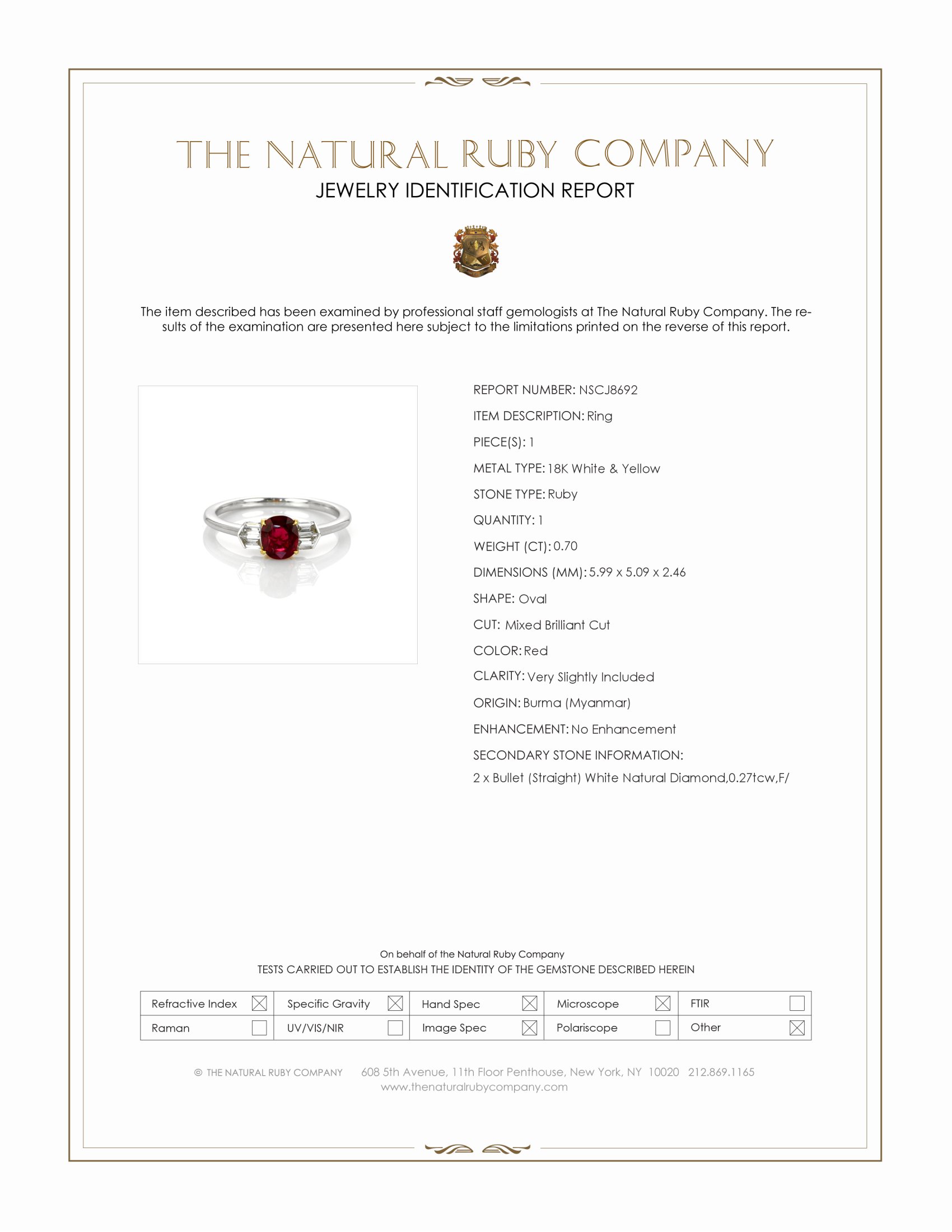 0.70 Ct. Ruby and Natural Diamond Three Stone Ring, 18K White & Yellow