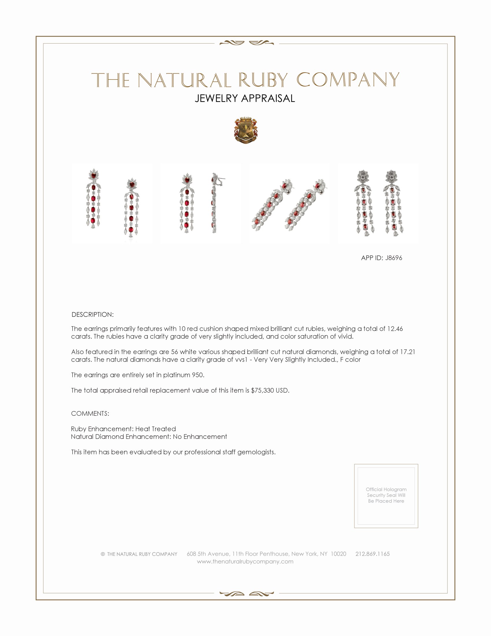 12.46 Ct.Tw. Ruby and Natural Diamond Accent Stones Earrings, Platinum 950