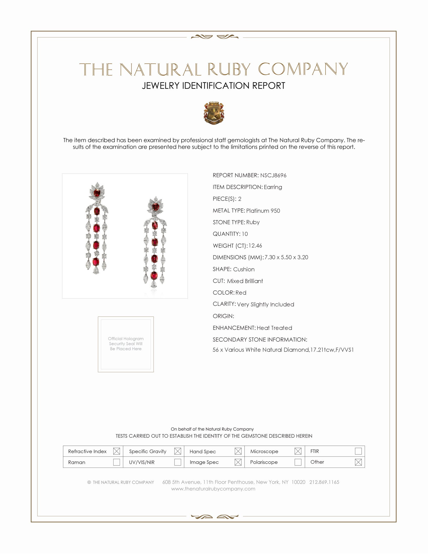 12.46 Ct.Tw. Ruby and Natural Diamond Accent Stones Earrings, Platinum 950