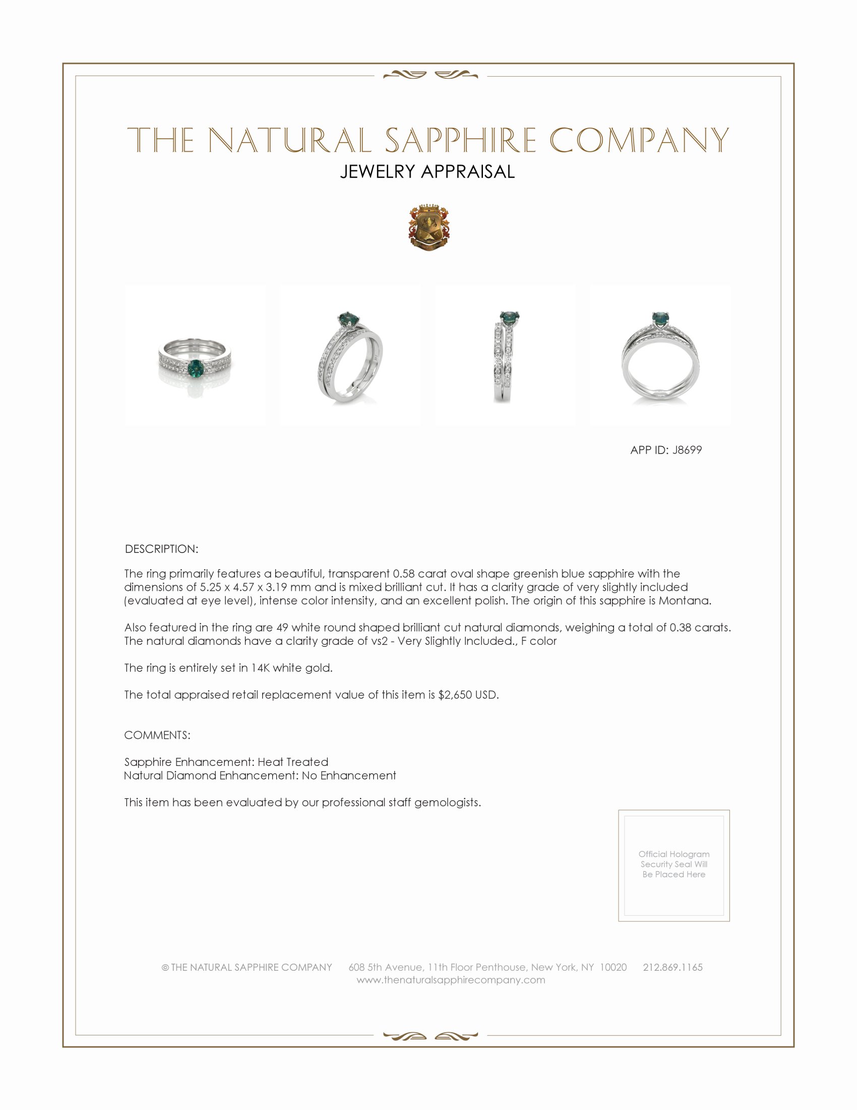 0.58 Ct. Greenish Blue Sapphire and Natural Diamond Pave Ring, 14K White Gold