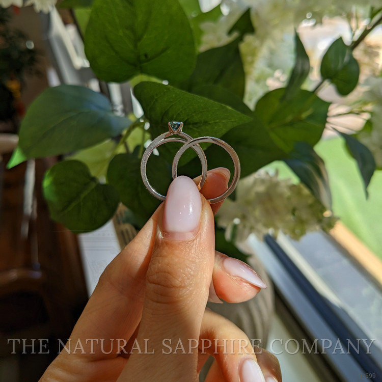0.58 Ct. Greenish Blue Sapphire and Natural Diamond Pave Ring, 14K White Gold