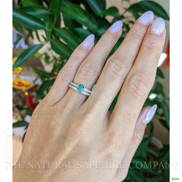 0.58 Ct. Greenish Blue Sapphire and Natural Diamond Pave Ring, 14K White Gold
