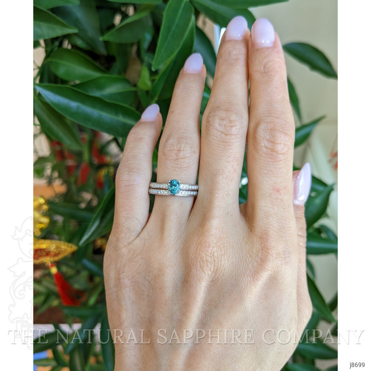 0.58 Ct. Greenish Blue Sapphire and Natural Diamond Pave Ring, 14K White Gold