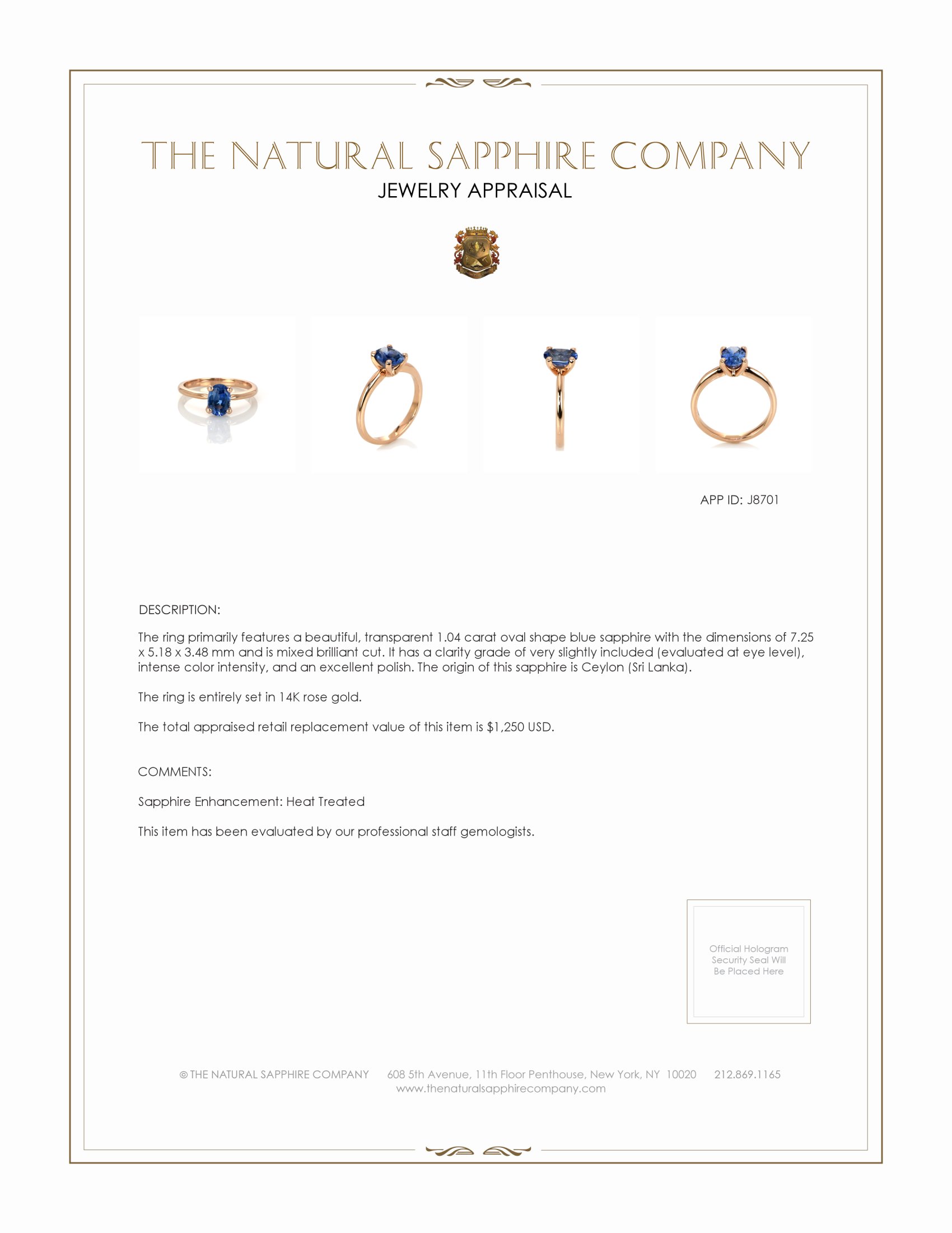 1.04 Ct. Blue Sapphire Solitaire Ring, 14K Rose Gold