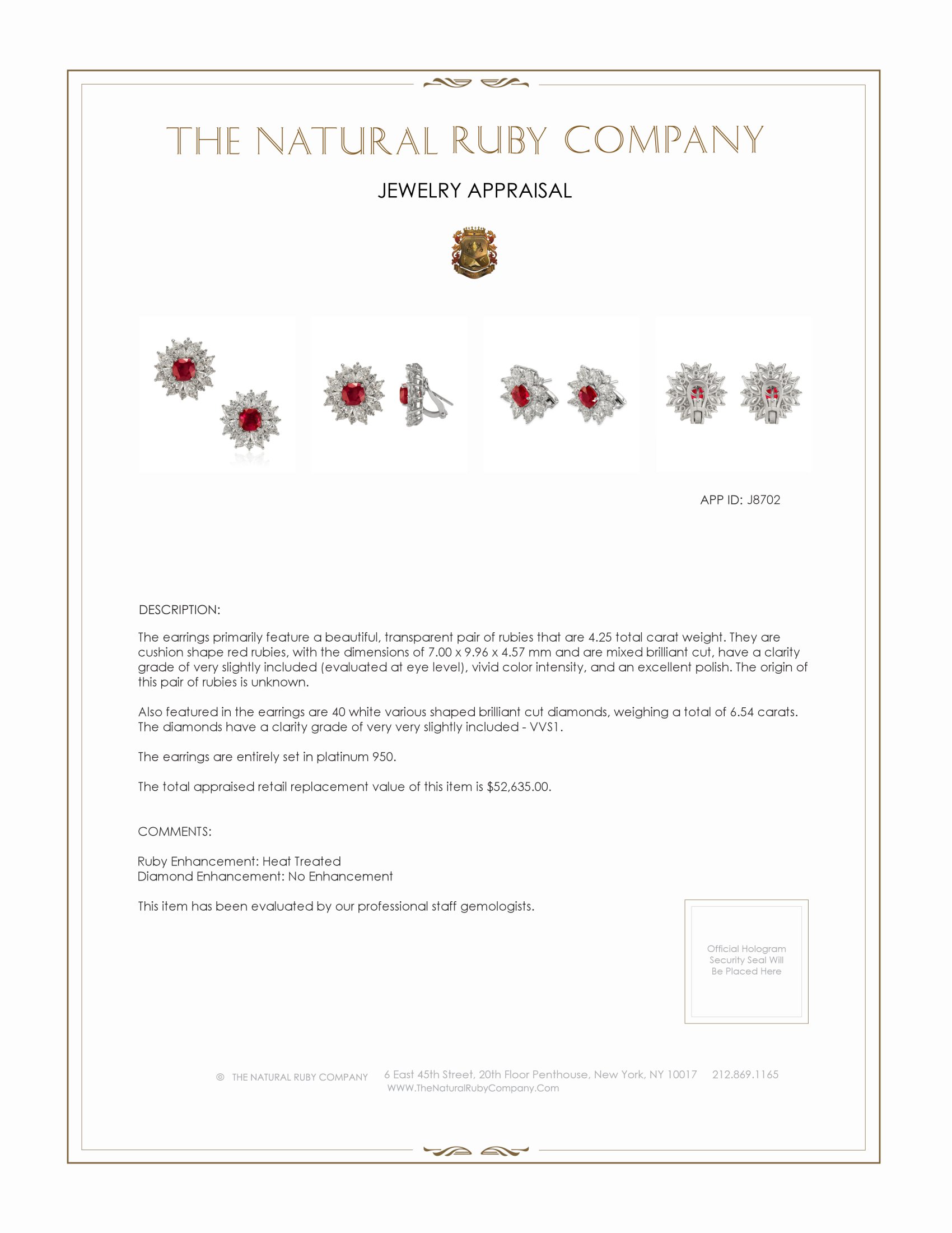 4.25 Ct.Tw. Ruby and Natural Diamond Accent Stones Earrings, Platinum 950