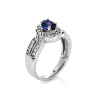 0.77 Ct. Blue Sapphire and Natural Diamond Pave Ring, 14K White Gold Image