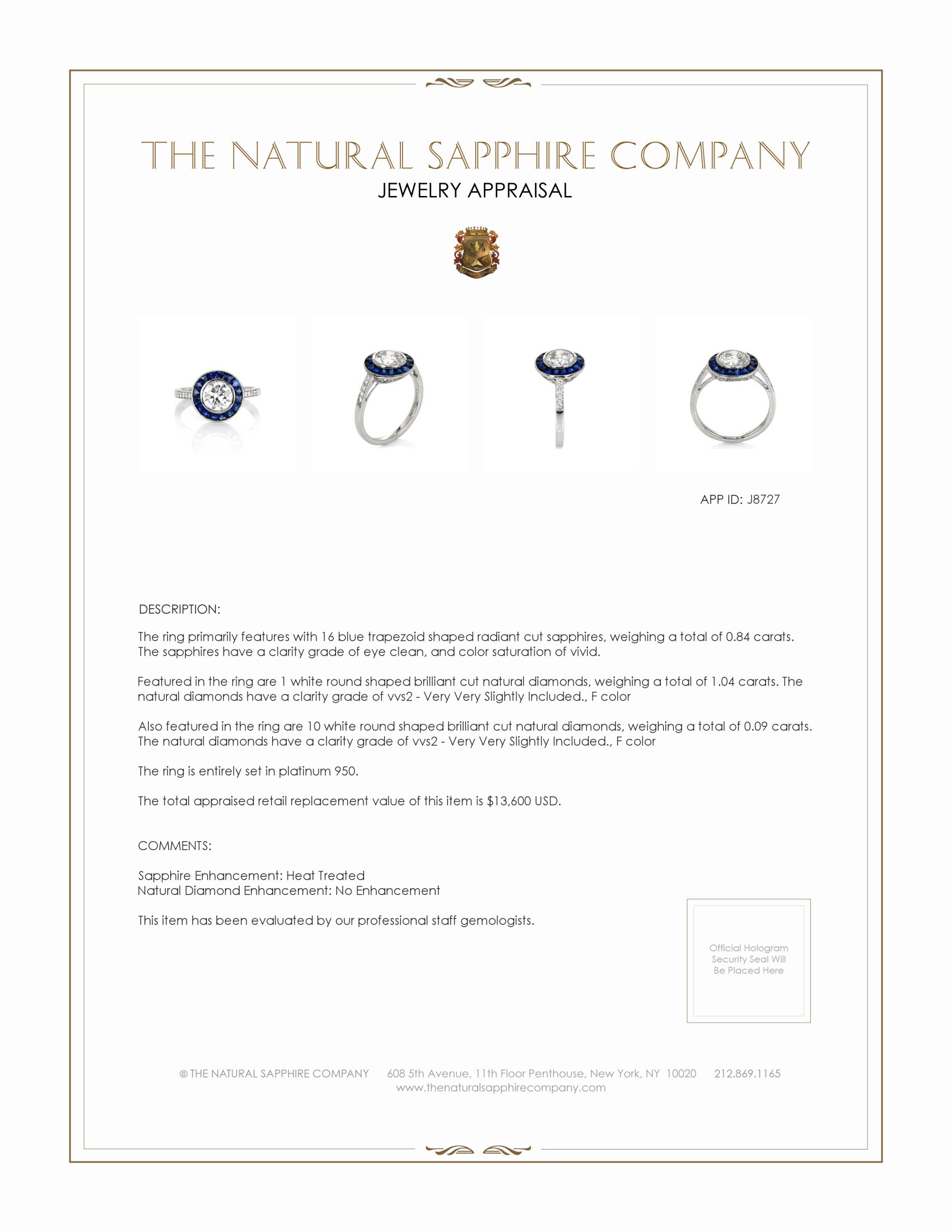 0.84 Ct. Blue Sapphire and Natural Diamond Halo Ring, Platinum 950