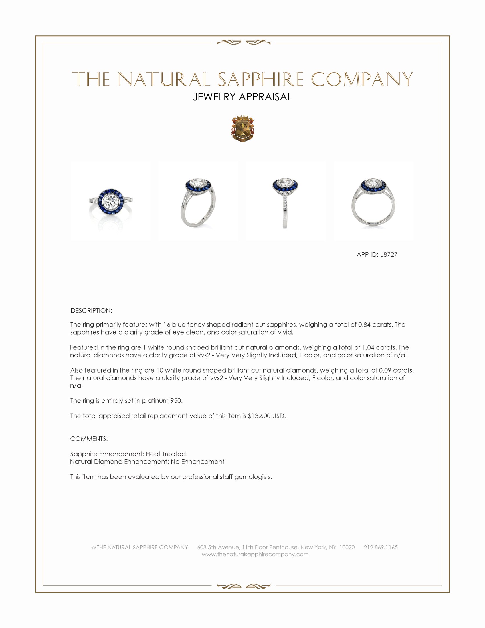0.84 Ct. Blue Sapphire and Natural Diamond Halo Ring, Platinum 950