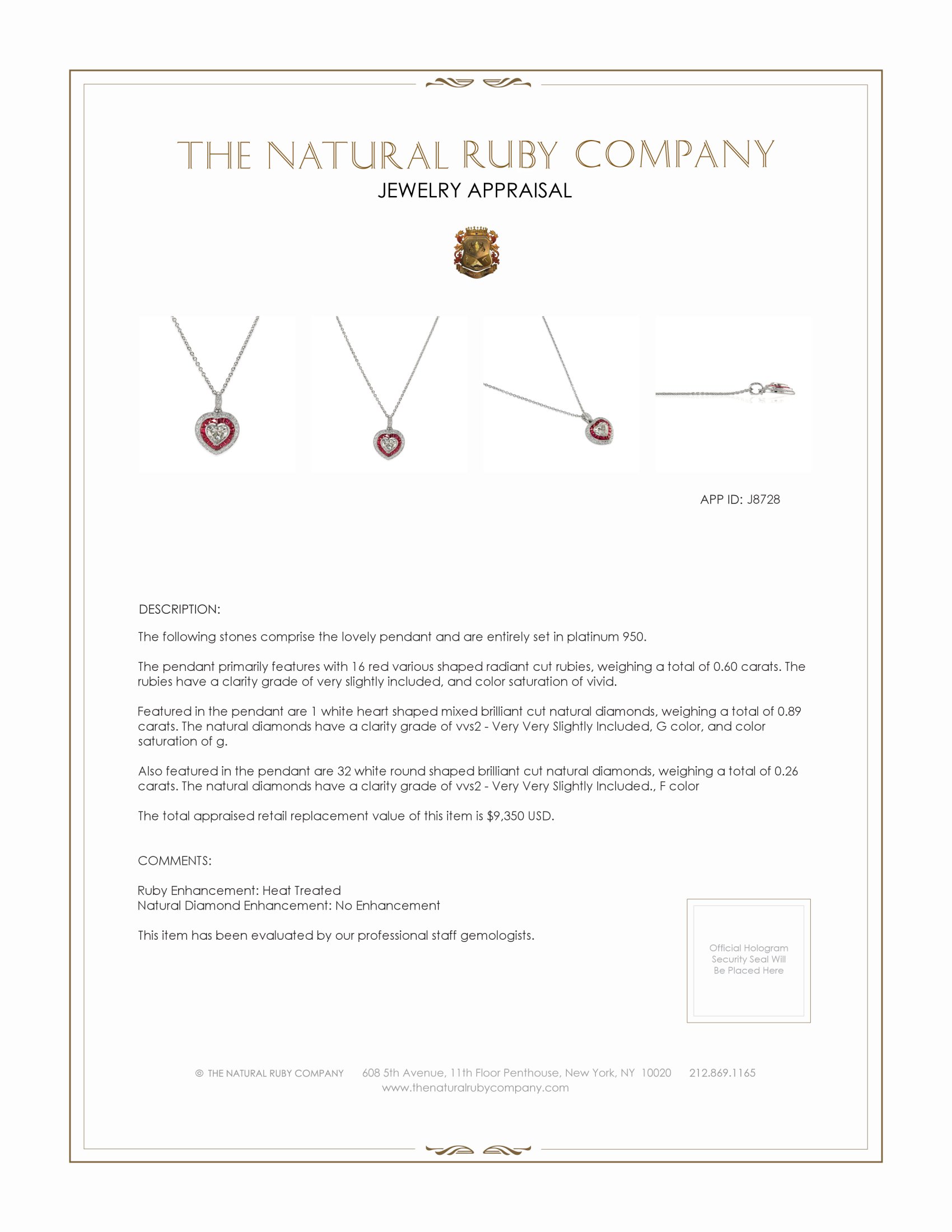 0.60 Ct. Ruby and Natural Diamond Solitaire Pendant, Platinum 950