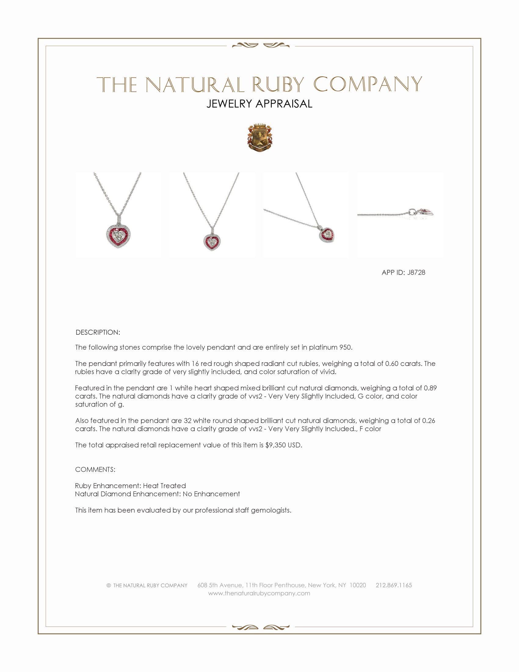 0.60 Ct. Ruby and Natural Diamond Solitaire Pendant, Platinum 950