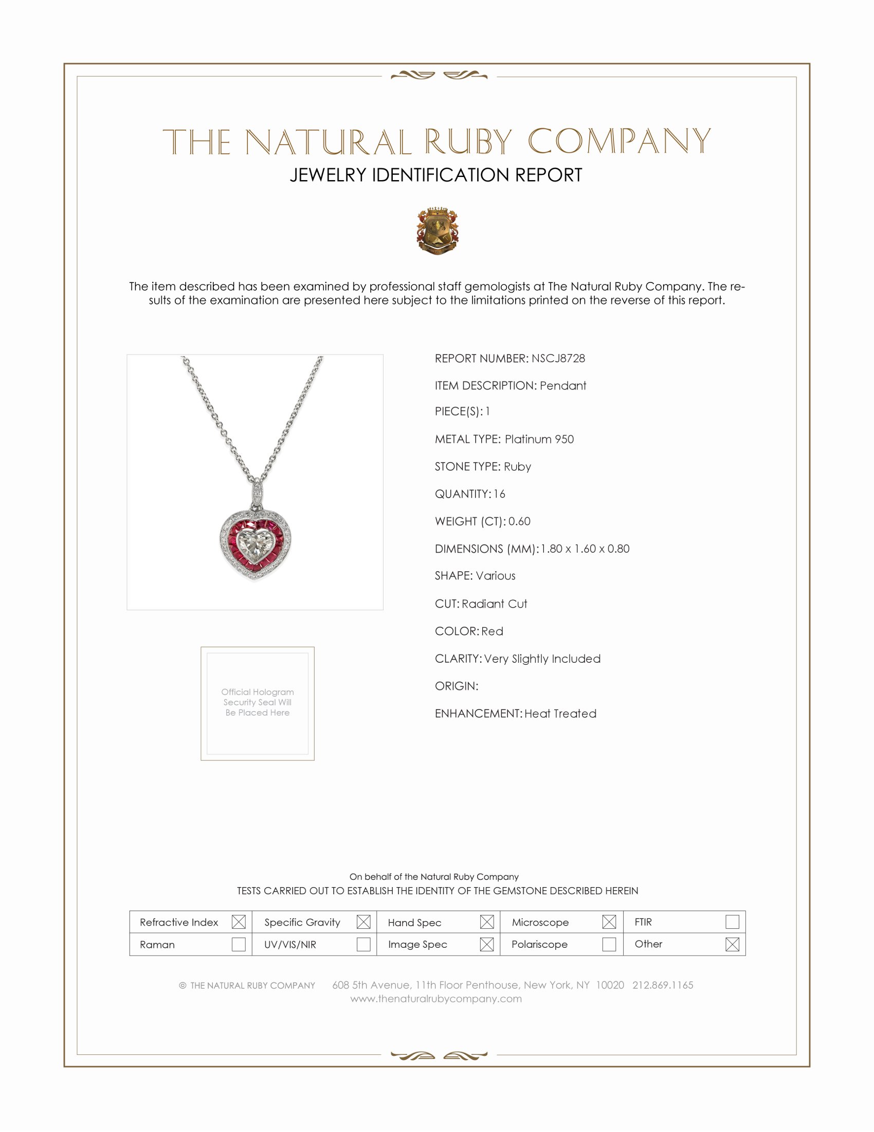 0.60 Ct. Ruby and Natural Diamond Solitaire Pendant, Platinum 950
