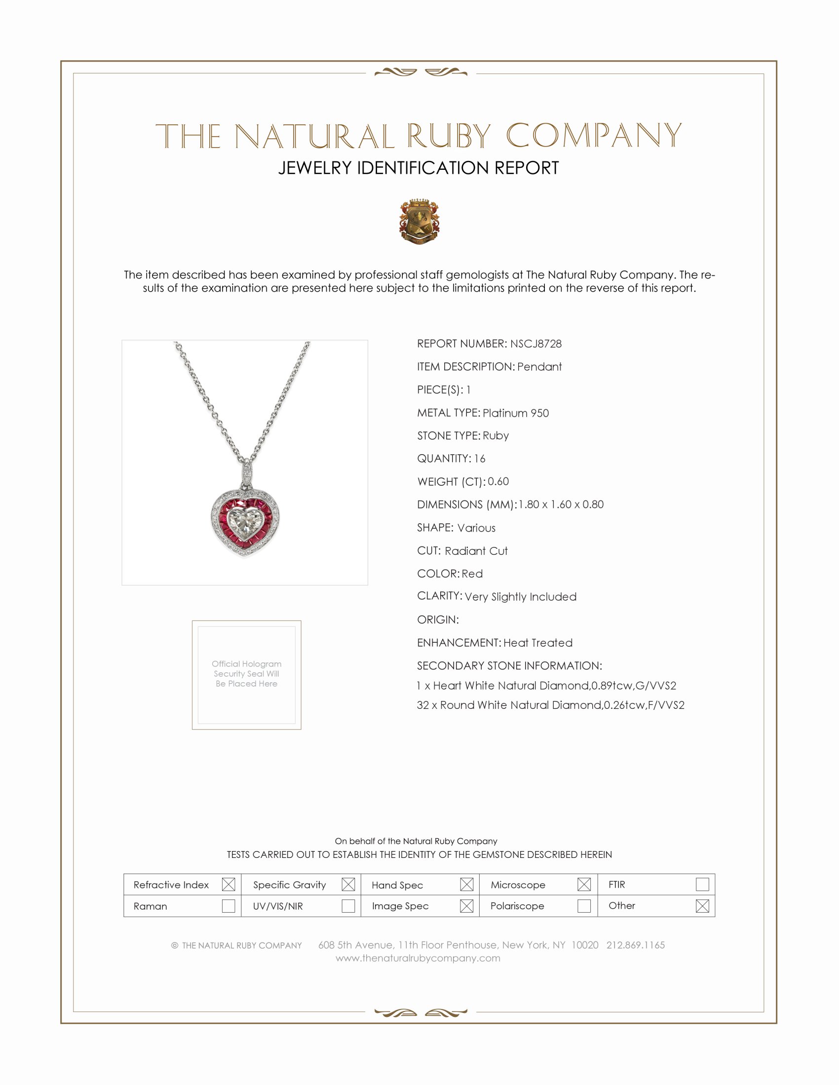 0.60 Ct. Ruby and Natural Diamond Solitaire Pendant, Platinum 950