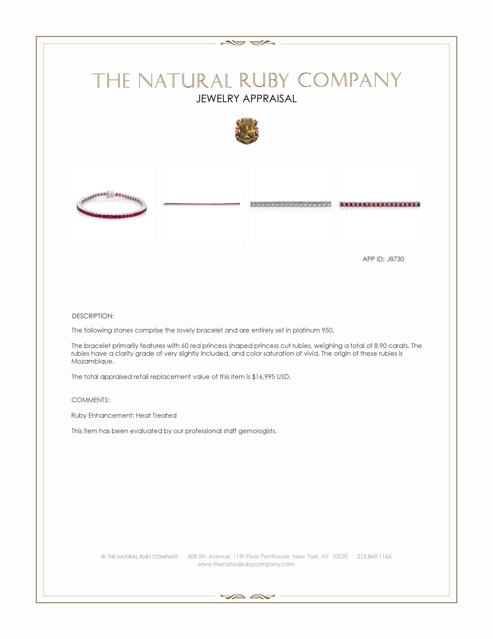 8.90 Ct.Tw. Ruby Tennis/Line Bracelet, Platinum 950