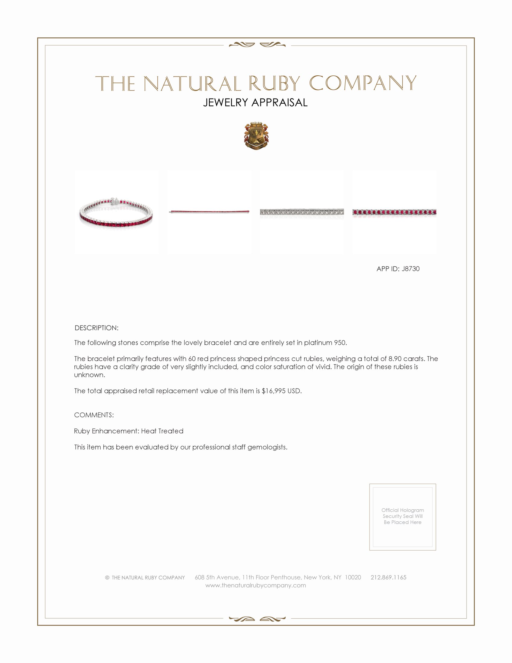 8.90 Ct.Tw. Ruby Tennis/Line Bracelet, Platinum 950